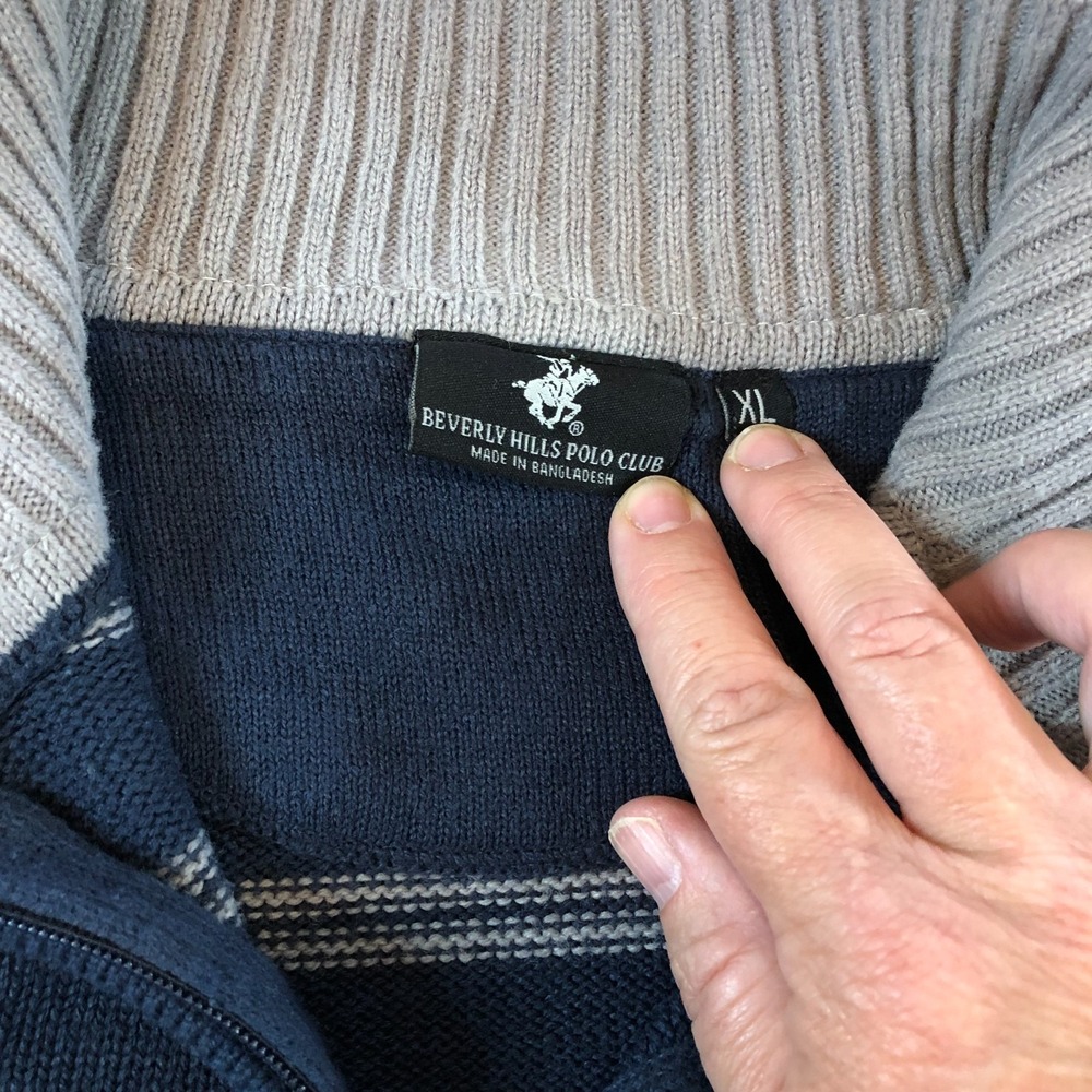 Beverly Hills Polo Club Mens XL Gray Blue Stripe Sweater 1/4 Zip Preppy Resort - Picture 4 of 10